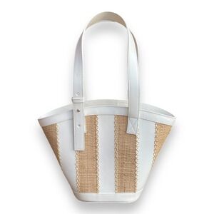 Beau & Ro White Leather Woven Straw Tote Bag Summer Coastal Bucket Handbag